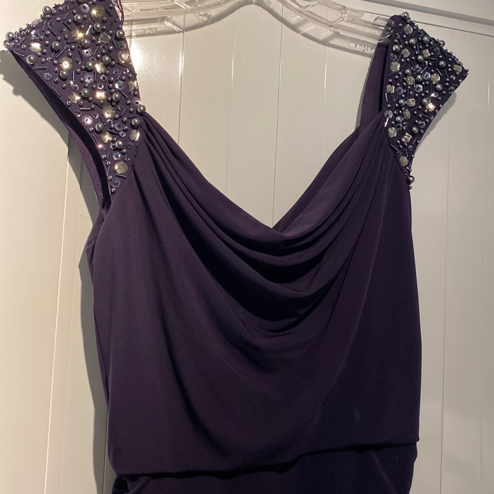 Maggy London, polyester spandex beaded sleeve, purple deess, size 4